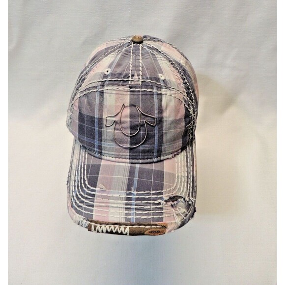 True Religion Pink Blue Madras Cotton Metal Accent Distressed Hat OSFA RARE NWOT - Picture 5 of 10